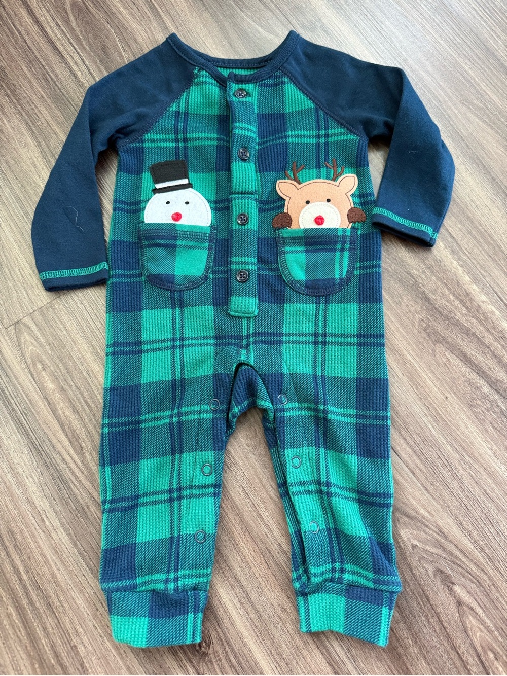 0-3 month Lullaby Lane Baby Plaid One-Piece Romper w Snowman & Reindeer Pockets